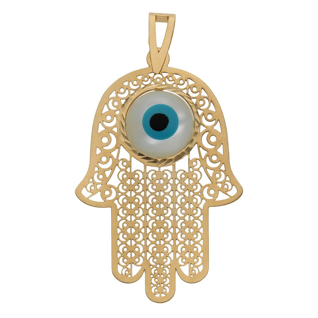 COLGANTE ORO 18KL MANO DE FATIMA + OJO TURCO