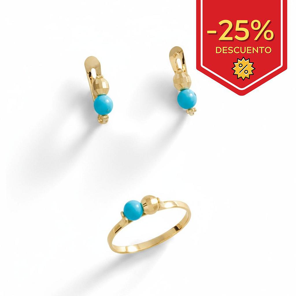 PENDIENTES BEBE ORO 18KL BOLA TALLADA + TURQUESAS SINTETICAS