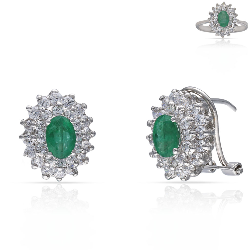 PENDIENTES ORO BLANCO 18KL ESMERALDAS + CIRCONITAS