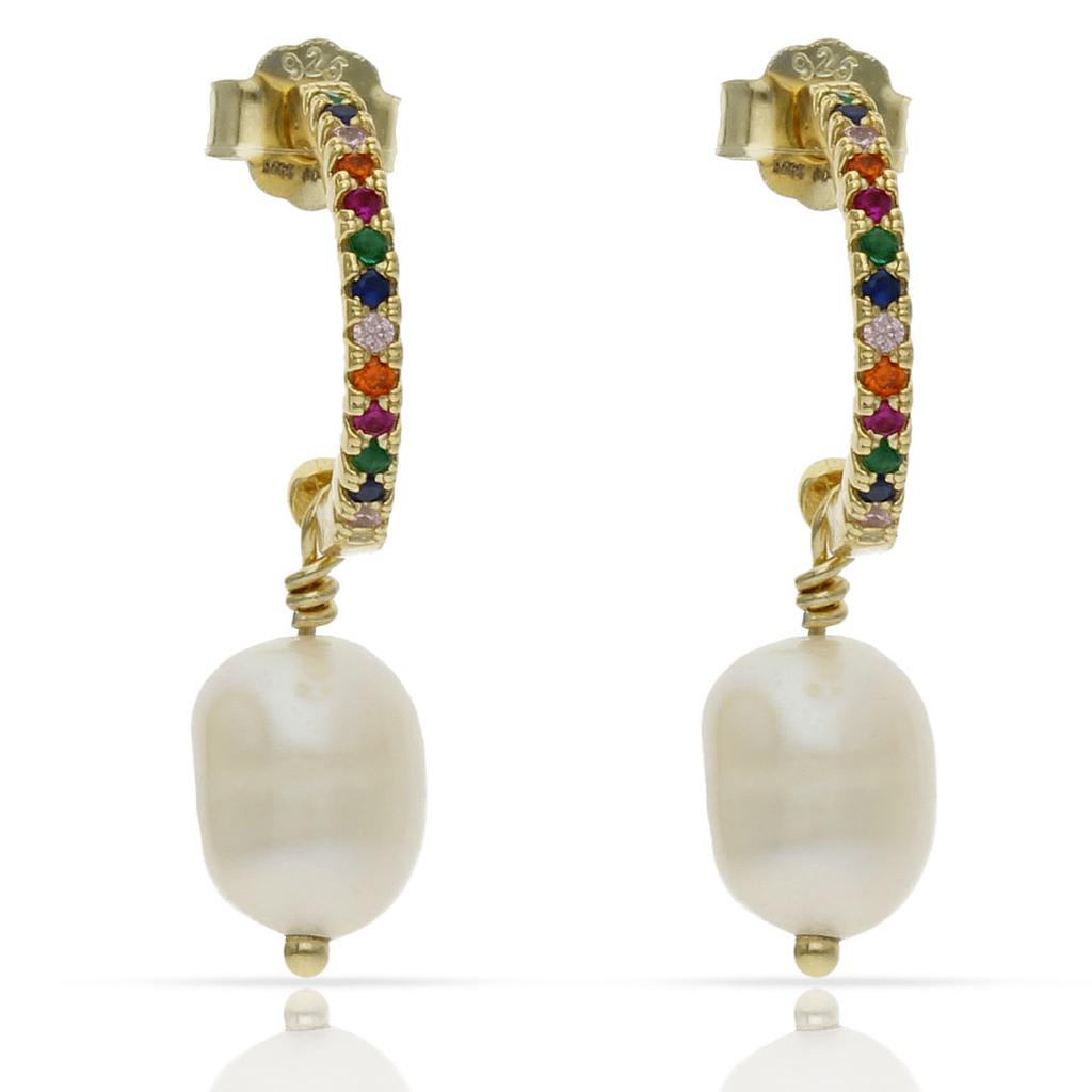 AROS PLATA CHAPADA ORO MULTICOLOR + PERLAS - 6MM