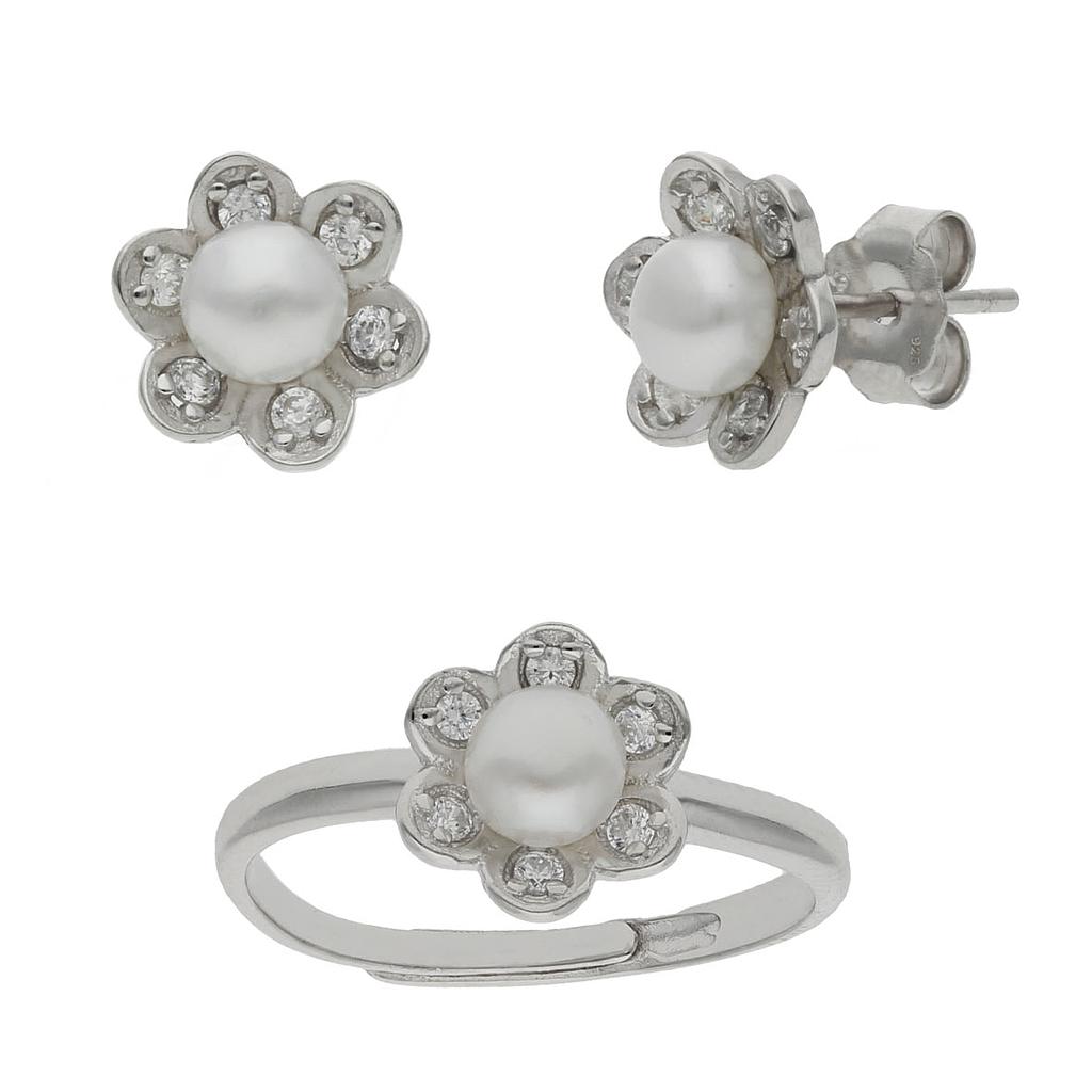 JUEGO PLATA 925MM FLOR PERLAS + CIRCONITAS