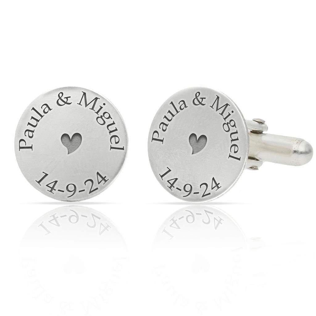 GEMELOS REDONDOS PLATA 925MM NOMBRES + FECHA