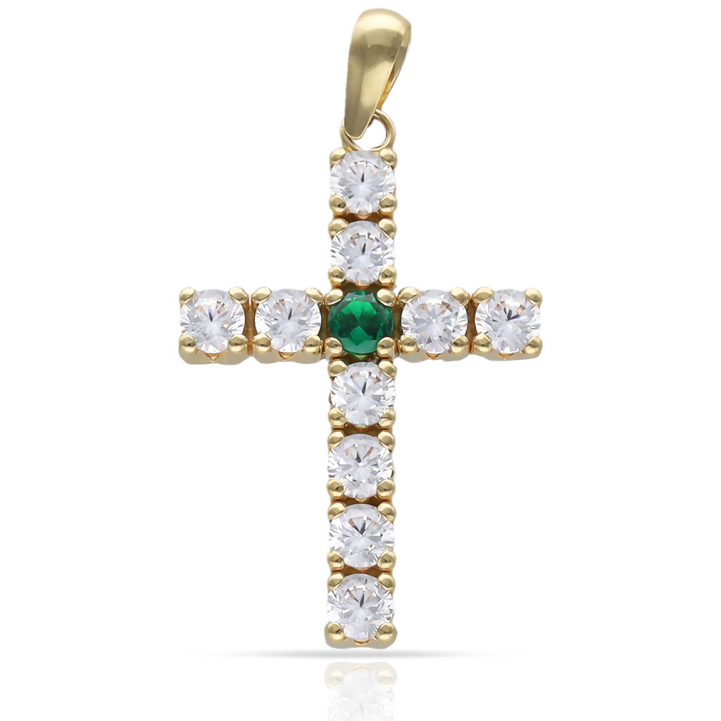 CRUZ ORO 18KL PIEDRA VERDE + CIRCONITAS - 17x23MM