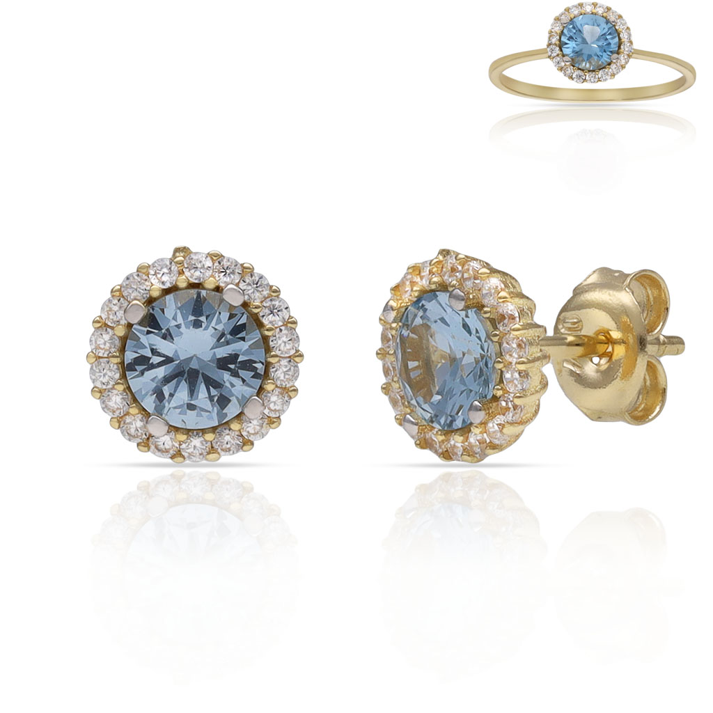 PENDIENTES ORO 18KL CERCO CIRCONITAS + PIEDRA AGUA - 7MM