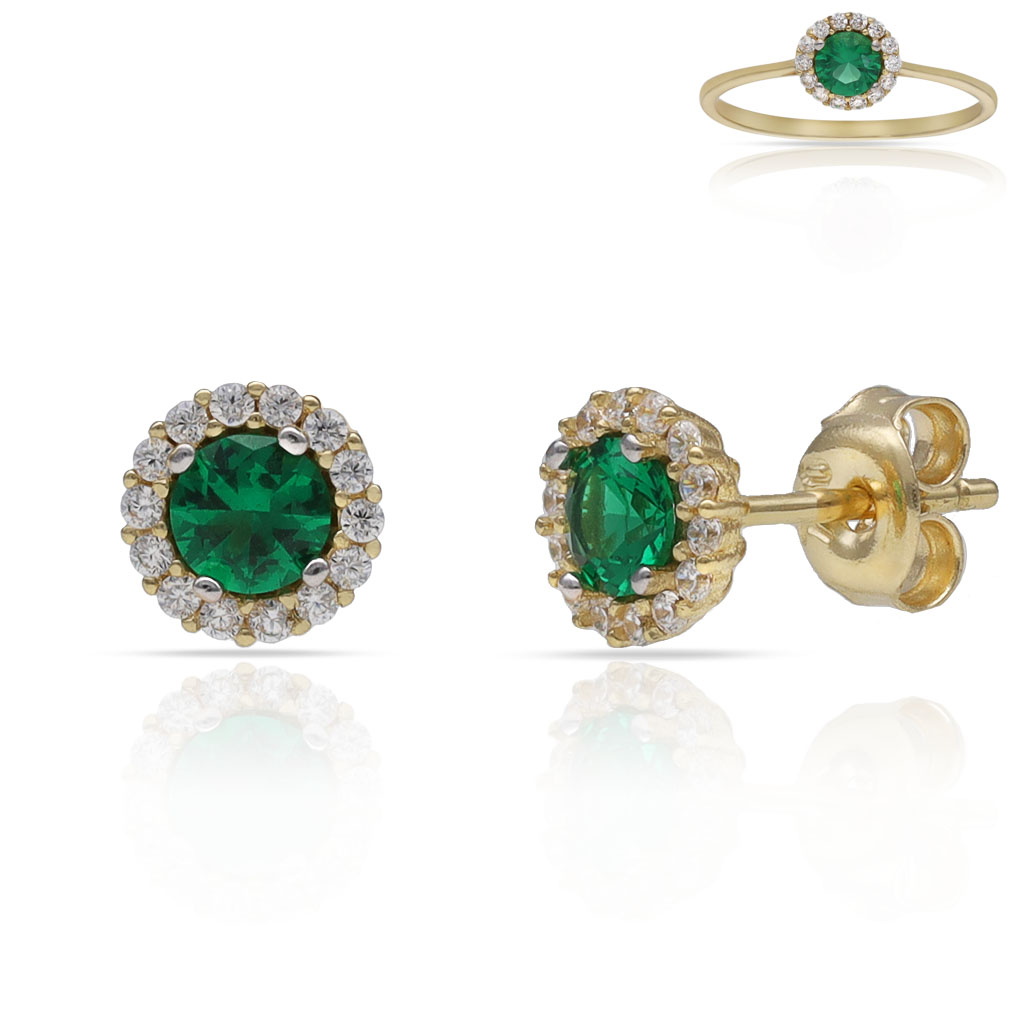 PENDIENTES ORO 18KL CERCO CIRCONITAS + PIEDRA VERDE - 6MM