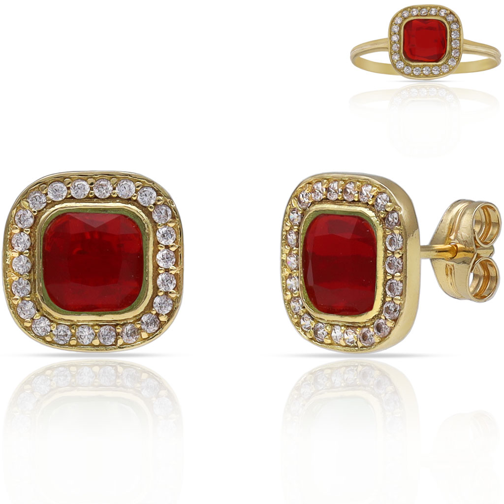 PENDIENTES ORO 18KL PIEDRAS ROJAS + CIRCONITAS - 9x9MM