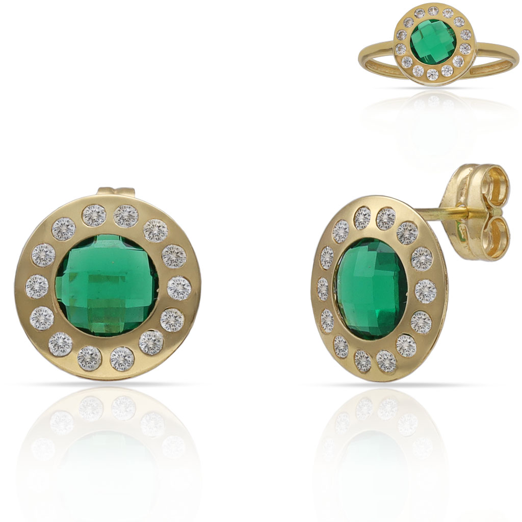 PENDIENTES ORO 18KL PIEDRAS VERDES + CIRCONITAS - 10MM