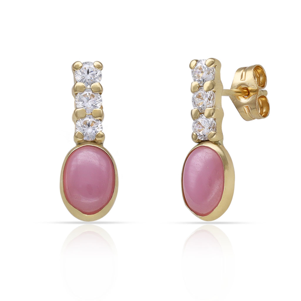 PENDIENTES ORO 18KL PIEDRA ROSA MILKY + CIRCONITAS - 5.50x15MM