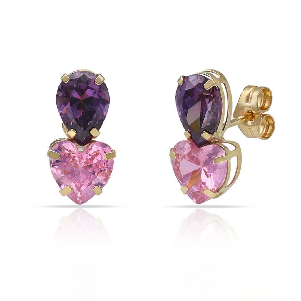 PENDIENTES ORO 18KL PIEDRA ROSA + VIOLETA - 6.50x12.50MM