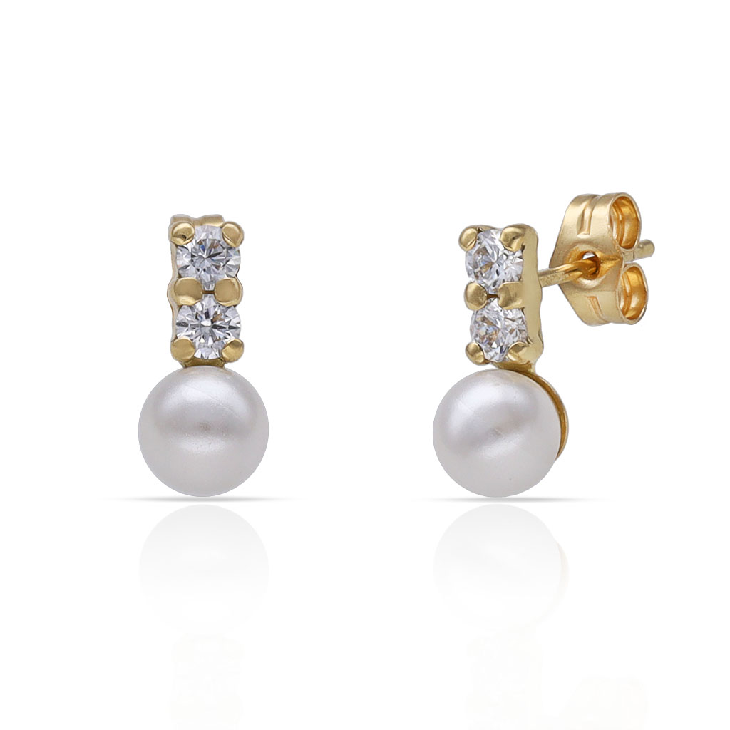 PENDIENTES ORO 18KL BARRA CIRCONITAS + PERLAS - 5x11MM