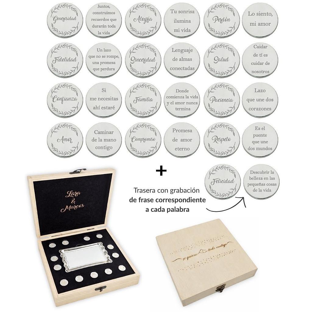 ARRAS PERSONALIZADAS PALABRA + FRASE · ACERO PLATEADO + ESTUCHE MADERA + BANDEJA