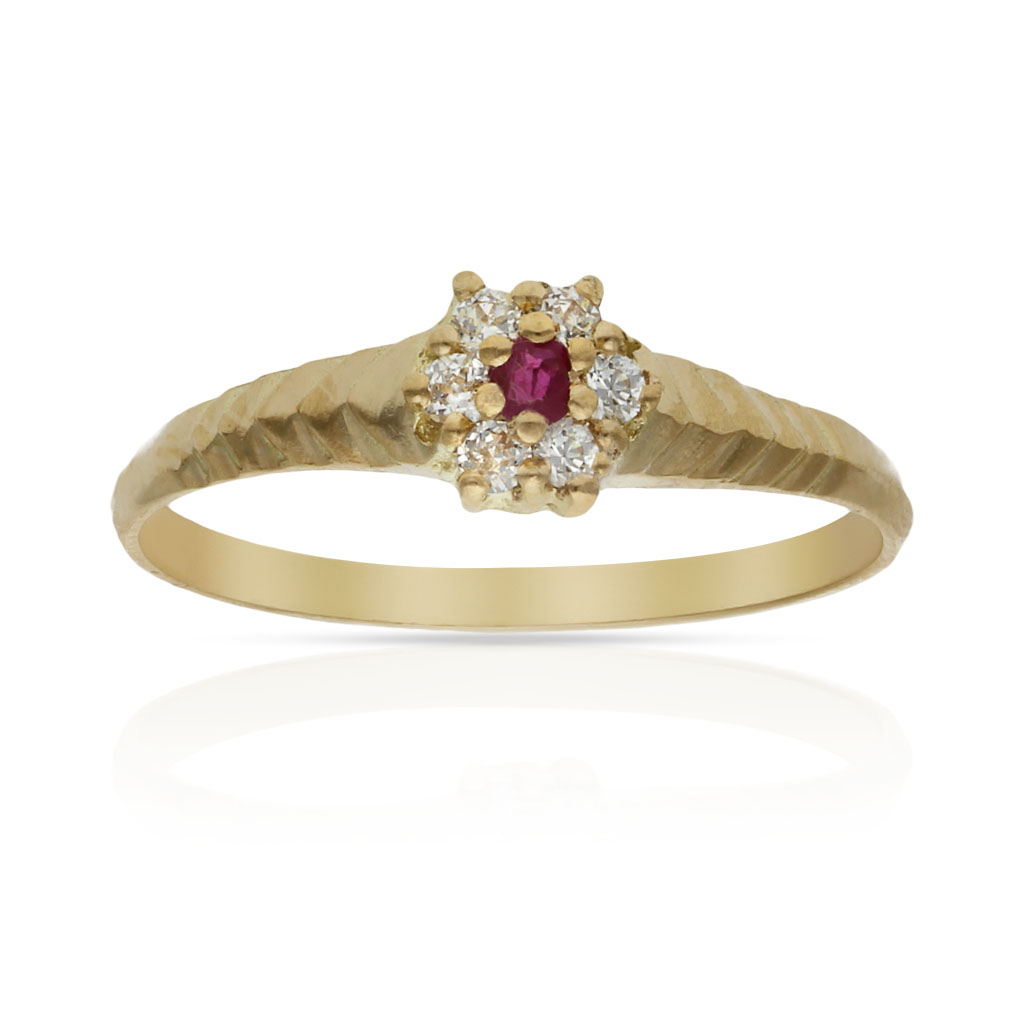 SORTIJA ORO 18KL ROSETON CIRCONITAS + PIEDRA ROJA