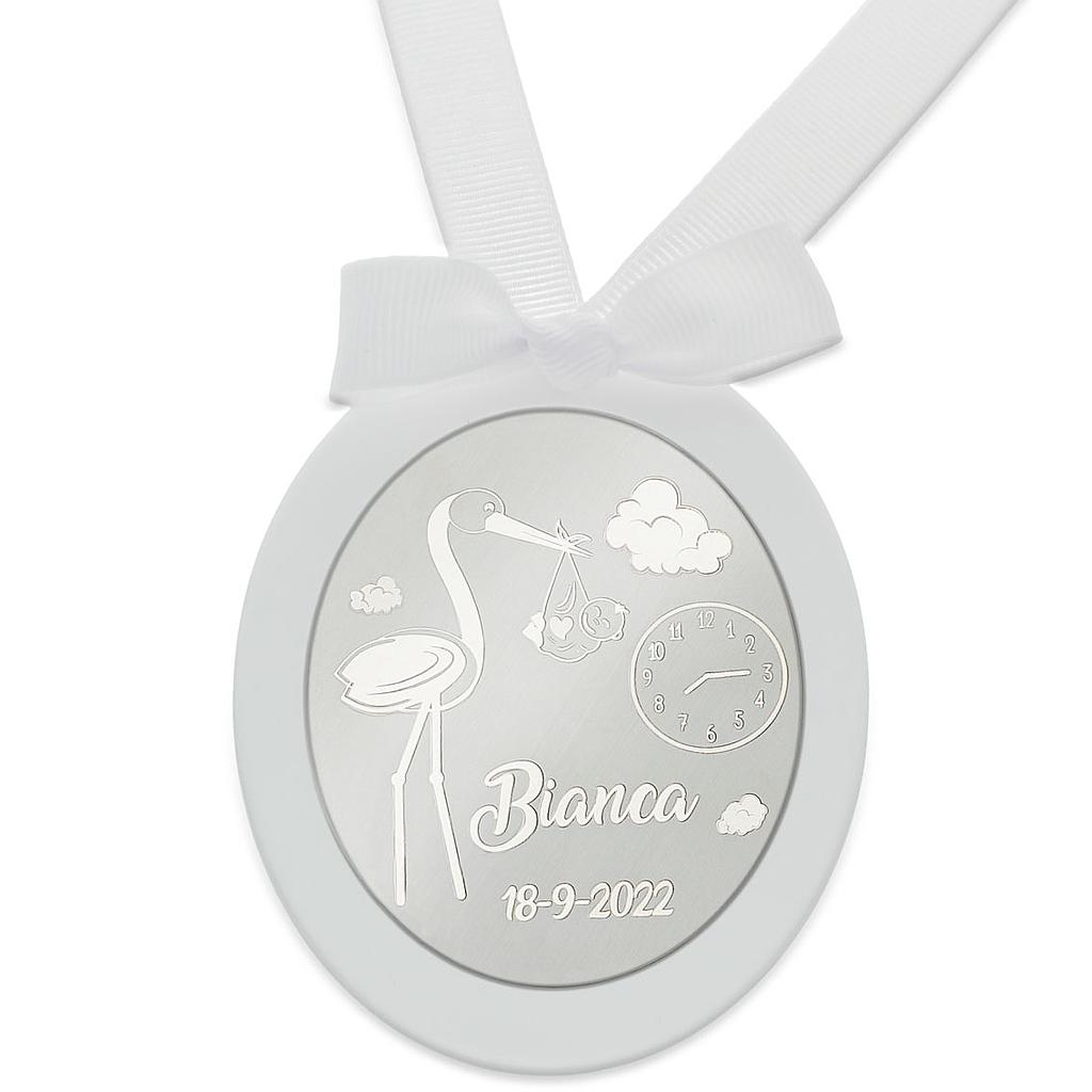 MEDALLA CUNA PLATA 925MM OVALADA CIGÜEÑA