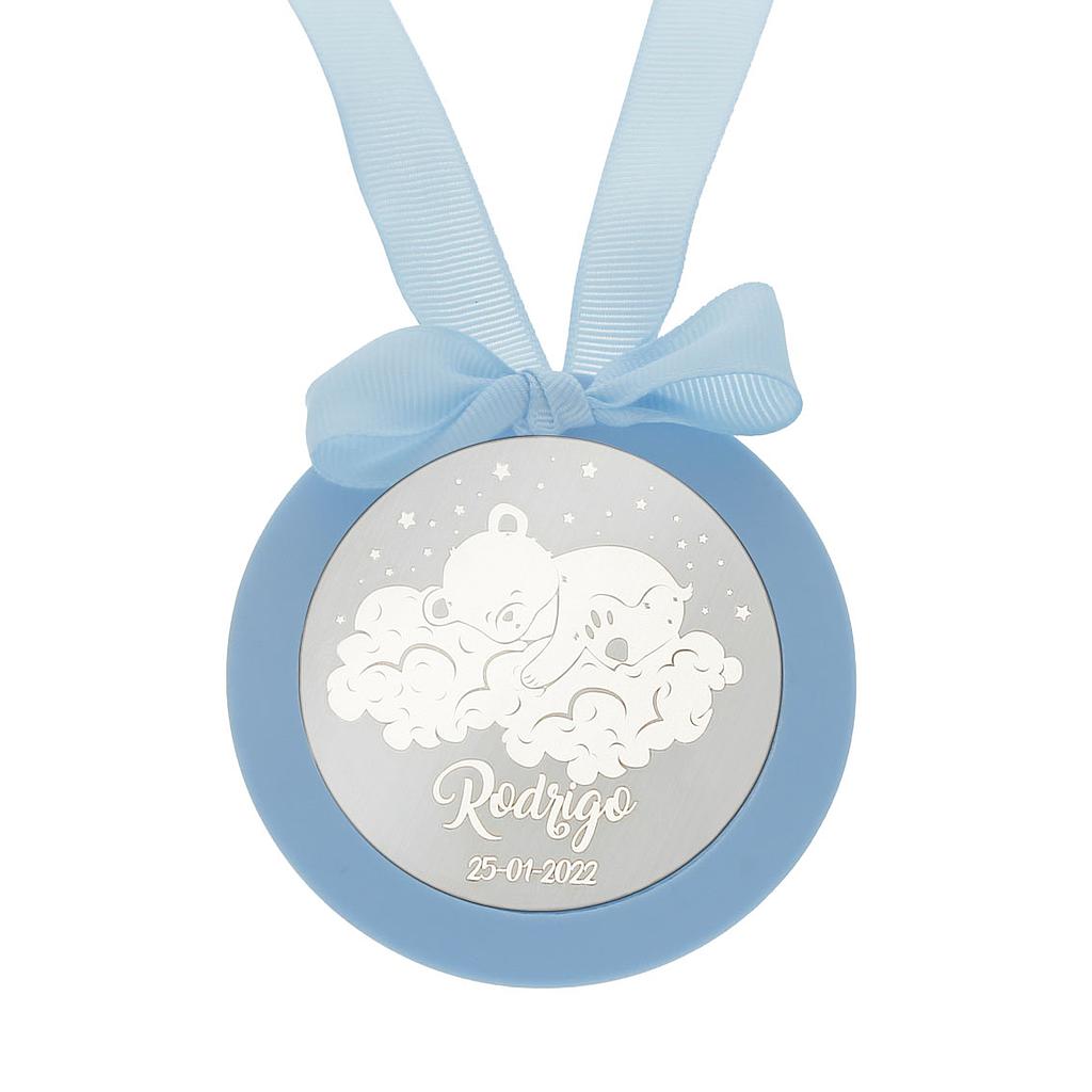 MEDALLA CUNA PLATA 925MM REDONDA OSO + NUBES