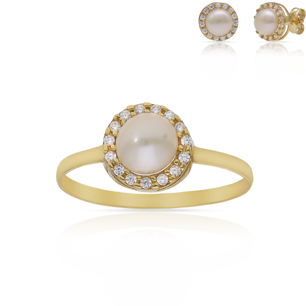 SORTIJA ORO 18KL PERLA + CIRCONITAS - 8MM