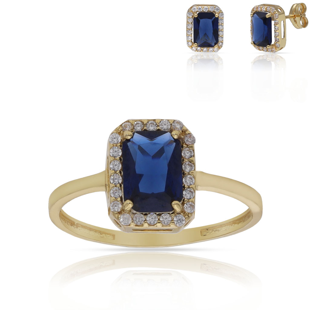 SORTIJA ORO 18KL PIEDRA AZUL + CIRCONITAS - 7x9MM