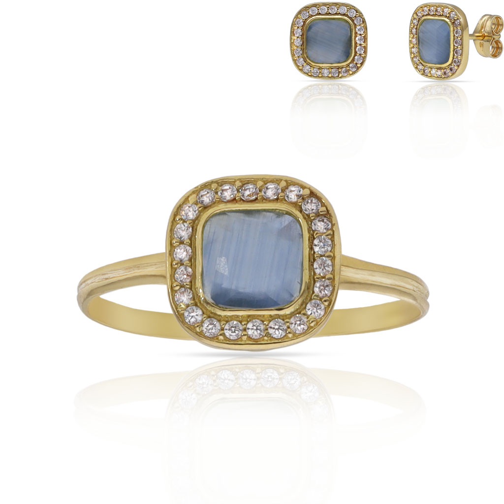 SORTIJA ORO 18KL PIEDRA AGUA + CIRCONITAS - 9x9MM