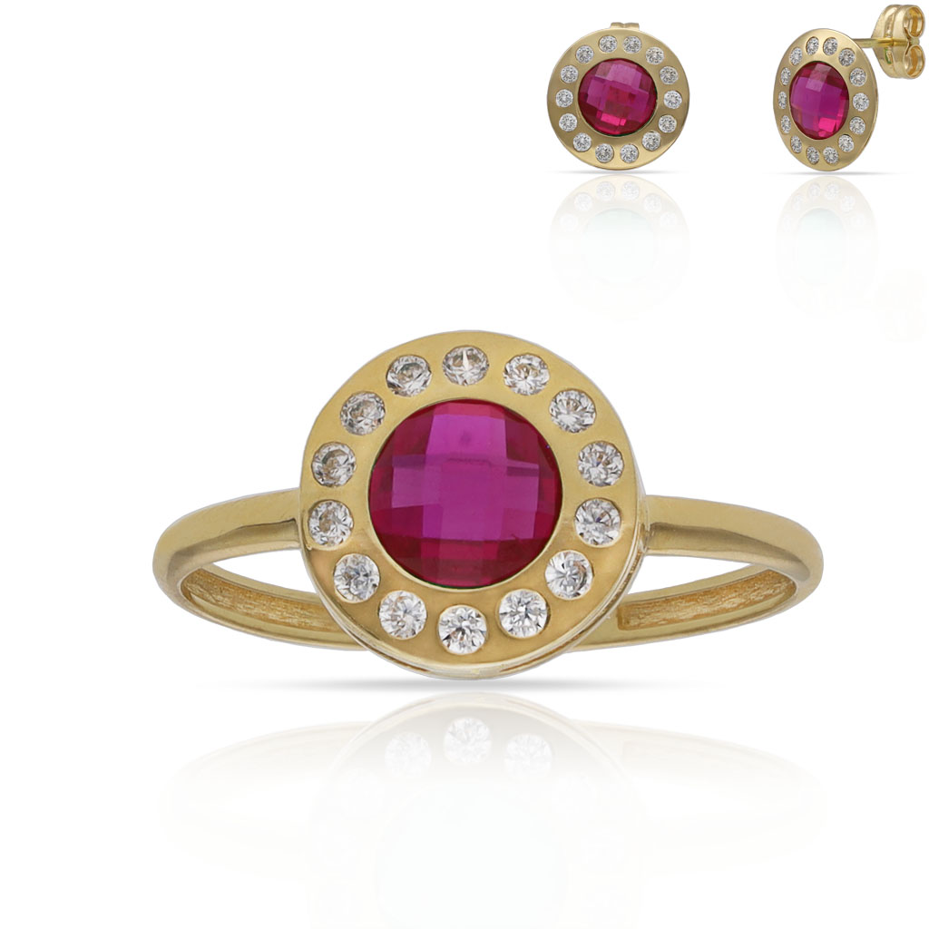 SORTIJA ORO 18KL PIEDRA ROJA + CIRCONITAS - 10MM