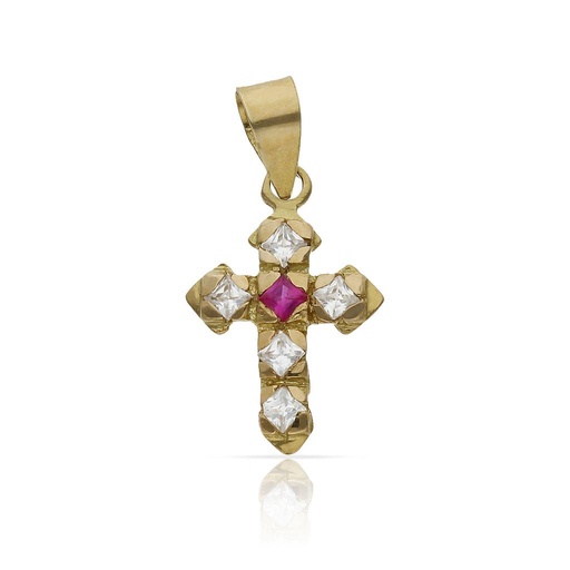 [C410Rojo] CRUZ ORO 18KL PIEDRA ROJA + CIRCONITAS - 12x17MM