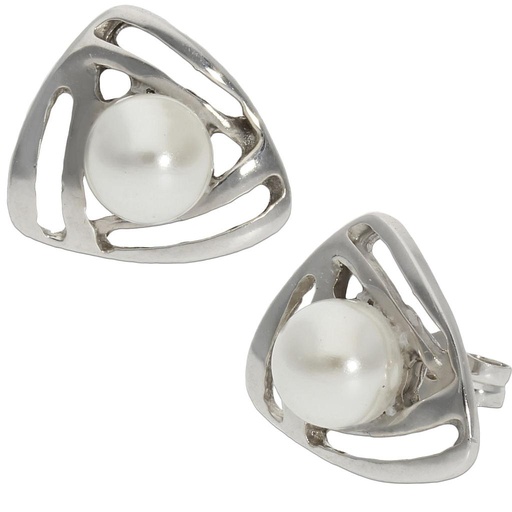 [P1097] PENDIENTES ORO BLANCO 18KL TRIANGULAR PERLAS
