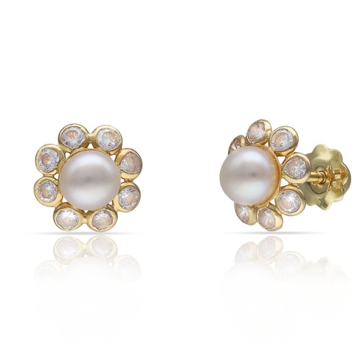 [P3071] PENDIENTES ORO 18KL PERLA + CIRCONITAS - 8MM
