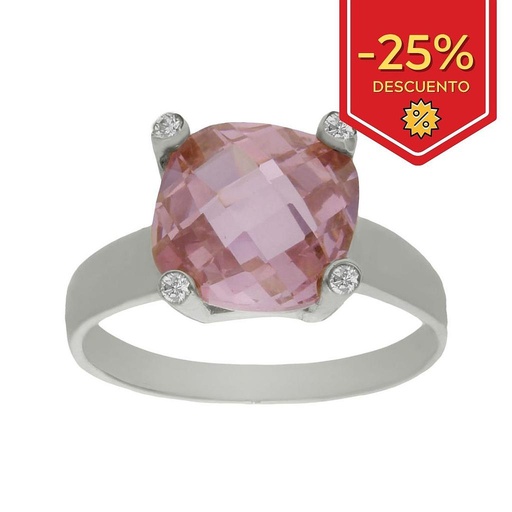 SORTIJA ORO BLANCO 18KL - PIEDRA ROSA+CIRCONITAS