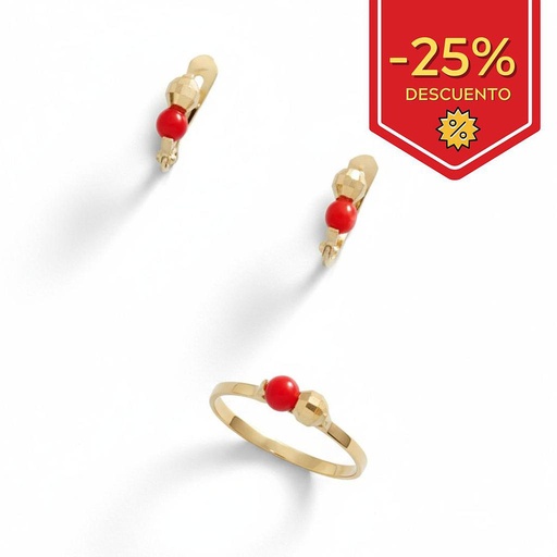 [S3181] SORTIJA BEBE ORO 18KL BOLAS + CORAL SINTETICO