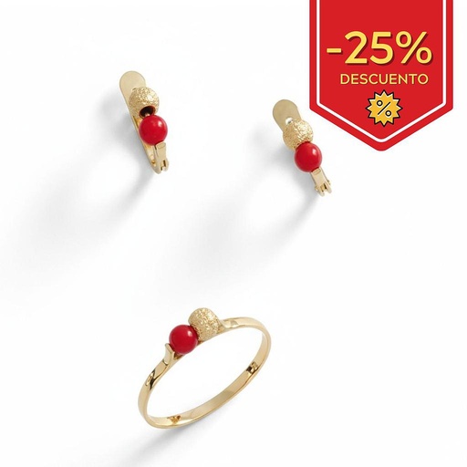 [S3183] SORTIJA BEBE ORO 18KL BOLA + CORAL SINTETICO