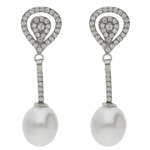 [P1478] PENDIENTES ORO BLANCO 18KL PERLAS CULTIVADAS + CIRCONITAS - 9x31MM