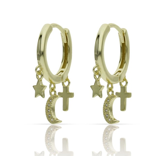 [AG1619] AROS PLATA CHAPADA ORO ESTRELLA + LUNA + CRUZ - 5MM