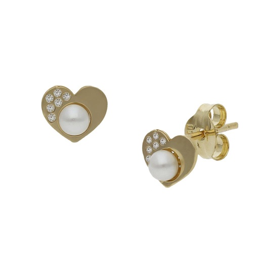 [P1496] PENDIENTES ORO 18KL CORAZON PERLAS + CIRCONITAS - 6x5MM