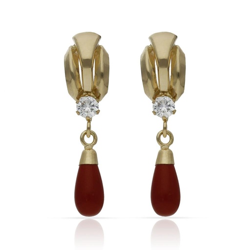 [P1526] PENDIENTES ORO 18KL CORAL SINTETICO + CIRCONITAS