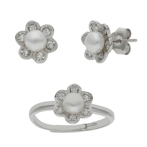 [AG1657] JUEGO PLATA 925MM FLOR PERLAS + CIRCONITAS