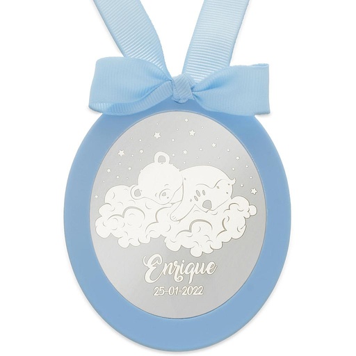 MEDALLA CUNA PLATA 925MM OVALADA OSO NUBES