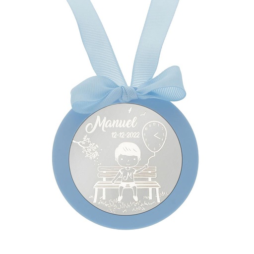 MEDALLA CUNA PLATA 925MM REDONDA NIÑO + GLOBO