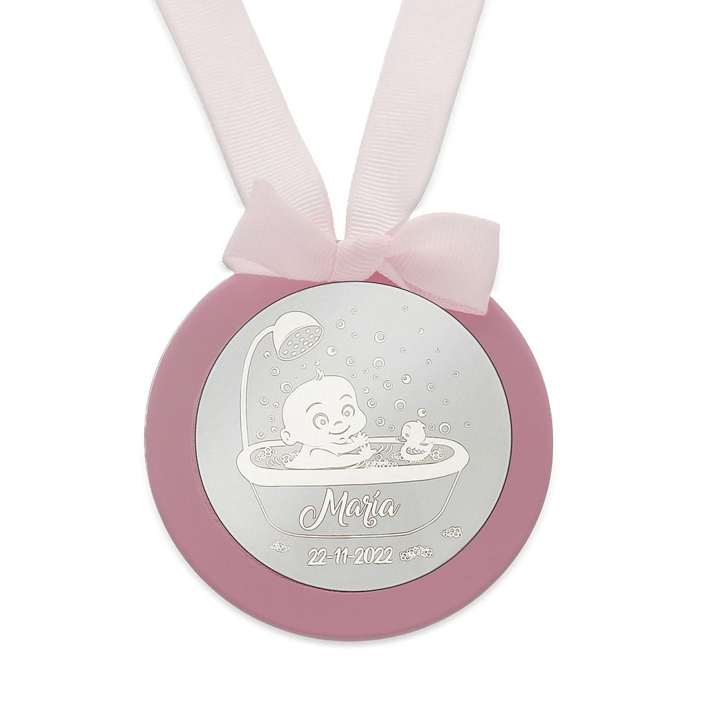 MEDALLA CUNA PLATA 925MM REDONDA BEBE + BAÑERA