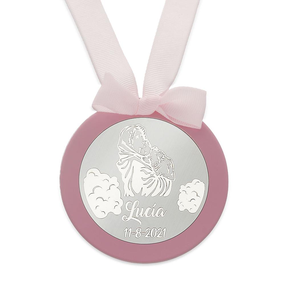 MEDALLA CUNA PLATA 925MM REDONDA VIRGEN + NIÑO