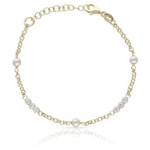 [AG9042] PULSERA PLATA CHAPADA EN ORO PERLAS + CIRCONITAS