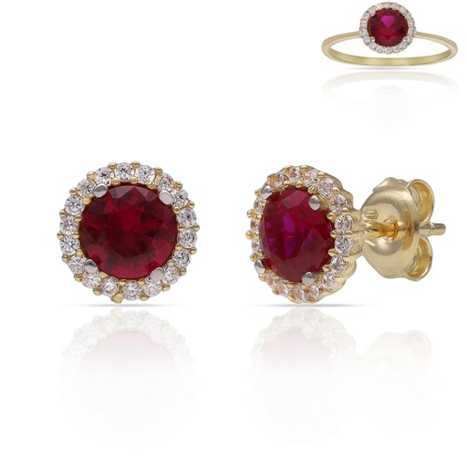 [P3222] PENDIENTES ORO 18KL CERCO CIRCONITAS + PIEDRA ROJA - 7MM