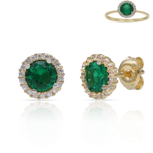 [P3221] PENDIENTES ORO 18KL CERCO CIRCONITAS + PIEDRA VERDE - 7MM
