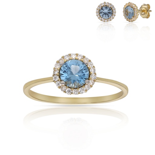 SORTIJA ORO 18KL CERCO CIRCONITAS + PIEDRA AGUA - 7MM