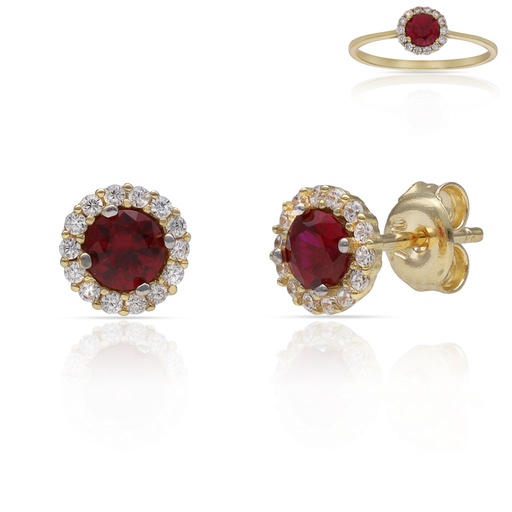 [P3214] PENDIENTES ORO 18KL CERCO CIRCONITAS + PIEDRA ROJA - 6MM