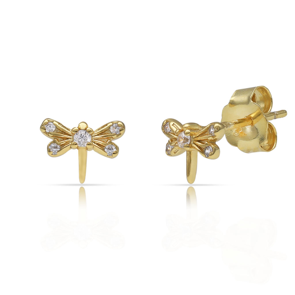 PENDIENTES PLATA CHAPADA ORO LIBELULA CIRCONITAS - 7x4MM