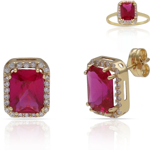 [P3248] PENDIENTES ORO 18KL PIEDRAS ROJAS + CIRCONITAS - 8x10MM