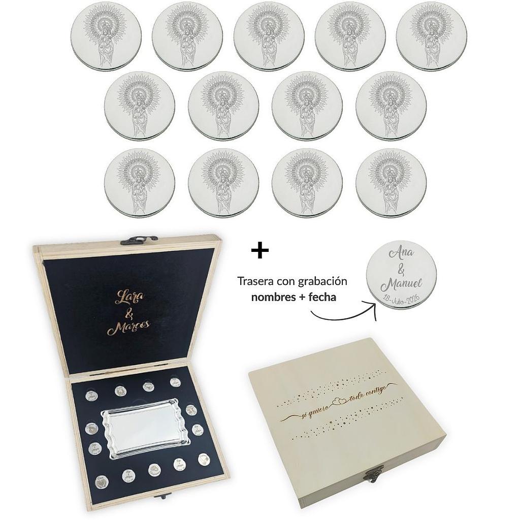 ARRAS PERSONALIZADAS V. DEL PILAR · PLATA DE LEY + ESTUCHE MADERA + BANDEJA
