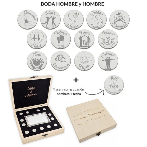 [AG6005EMB] ARRAS PERSONALIZADAS BODA HOMBRE + HOMBRE · PLATA DE LEY + ESTUCHE MADERA + BANDEJA