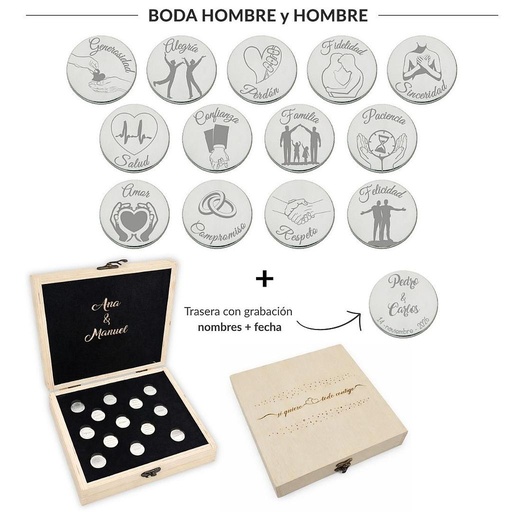 ARRAS PERSONALIZADAS BODA HOMBRE + HOMBRE · PLATA DE LEY + ESTUCHE MADERA