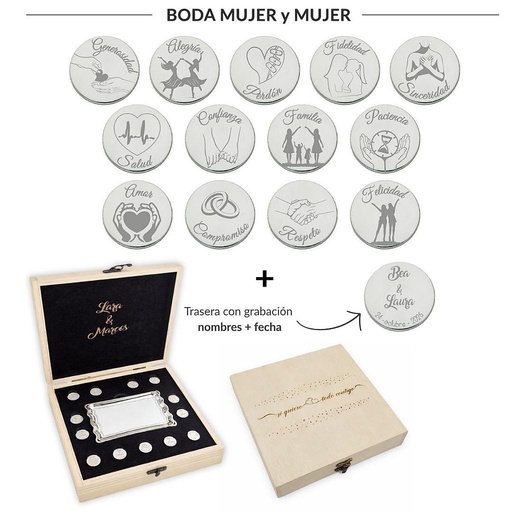 [AG6004EMB] ARRAS PERSONALIZADAS BODA MUJER + MUJER · PLATA DE LEY + ESTUCHE MADERA + BANDEJA