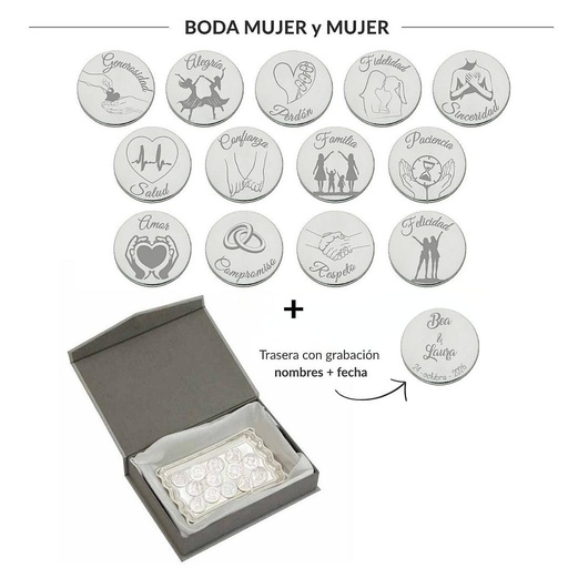 [AG6004EB] ARRAS PERSONALIZADAS BODA MUJER + MUJER · PLATA DE LEY + BANDEJA + ESTUCHE