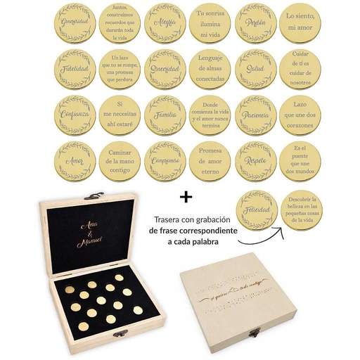 [ST6016EM] ARRAS PERSONALIZADAS PALABRA + FRASE ACERO DORADO + ESTUCHE MADERA